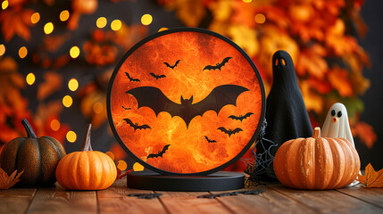 Festive Halloween Themed Decorations With Pumpkins, Orange Shiny Background 