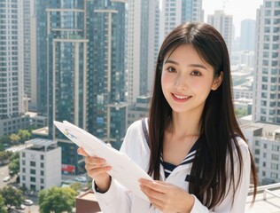 Fototapeta premium Young businesswoman holding documents and smiling with cityscape background
