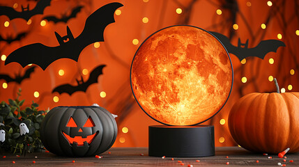 Festive Halloween Themed Decorations With Pumpkins, Orange Shiny Background 
