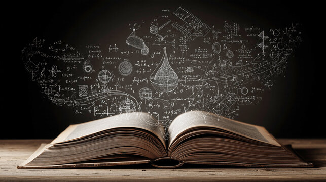 Open old book with floating math formulas and scientific symbols on dark wooden background, representing education, knowledge, academic research and scientific exploration.