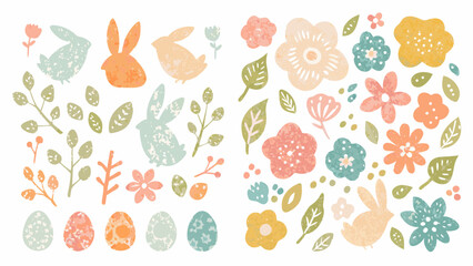 Cute easter bunny and floral elements with textured pastel colors