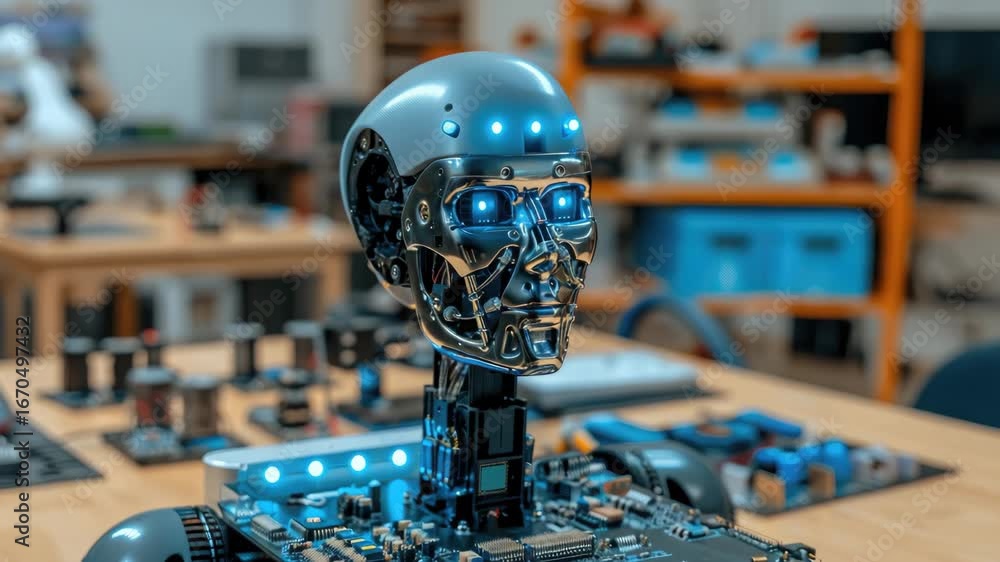 Aufkleber explore a dynamic robotics workshop where cutting-edge technologies and artificial intelligence come