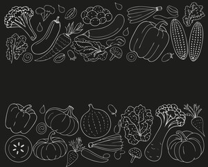 Hand drawn white outline vegetables on black background border design