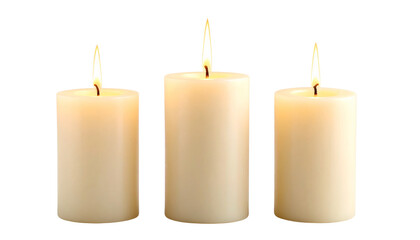 Pillar candles with flames illuminated, isolated on white background
