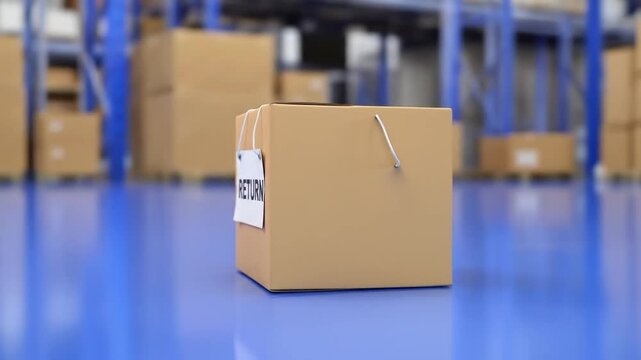 Cardboard box labeled return in a warehouse setting showing logistics and distribution