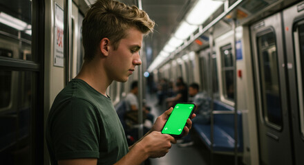 Young man engrossed in smartphone usage on public transit, showcasing modern connectivity and urban travel.