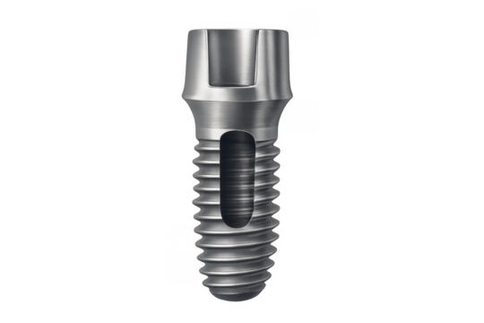 Dental implant showing screw and abutment on transparent background