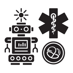Medical robot and star of life solid icon, Innovative medicine concept, Robotic surgical tool sign. Vector black silhouette. with white background