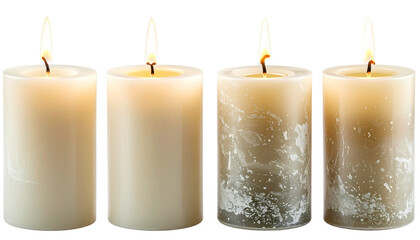 Pillar candles with flames illuminated, isolated on white background
