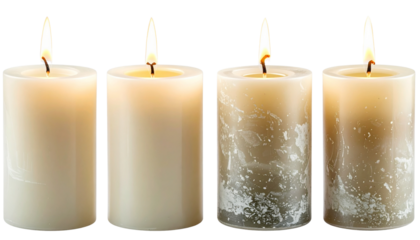 Pillar candles with flames illuminated, isolated on white background
