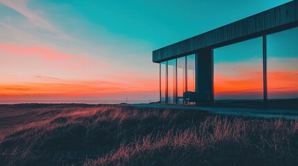 Fototapeta premium Modern house reflecting sunset.
