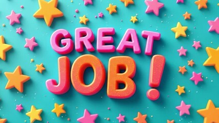 Colorful animated great job text with stars on a turquoise background - Powered by Adobe