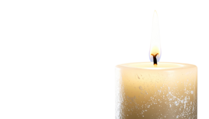 Pillar candles with flames illuminated, isolated on white background
