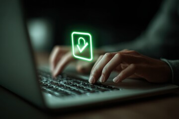 Hands typing on a laptop, download icon