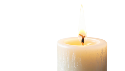 Pillar candles with flames illuminated, isolated on white background
