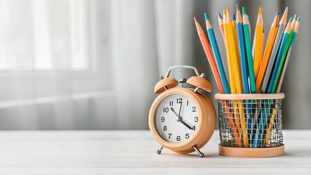 Brightly colored pencils fill a holder next to a classic wooden clock on a light surface, creating an inviting workspace atmosphere