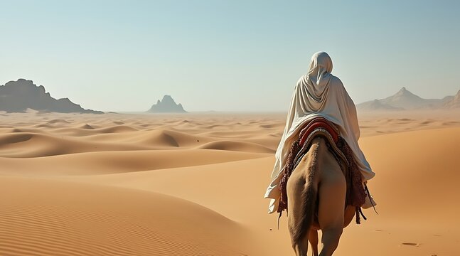 Lone traveler on camel traverses vast, sun-drenched desert dunes - Powered by Adobe