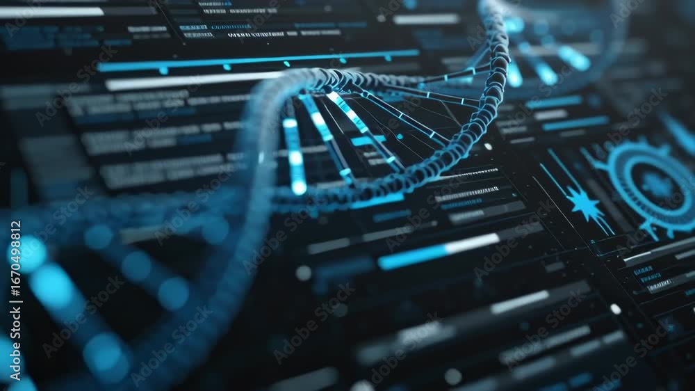 Poster futuristic biotechnology video with glowing dna helix and data interface