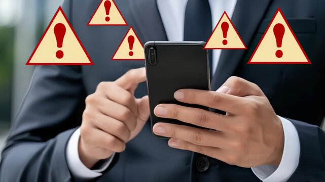 A business professional in a suit checks their smartphone as multiple urgent notifications appear, hinting at an important issue at hand - Powered by Adobe