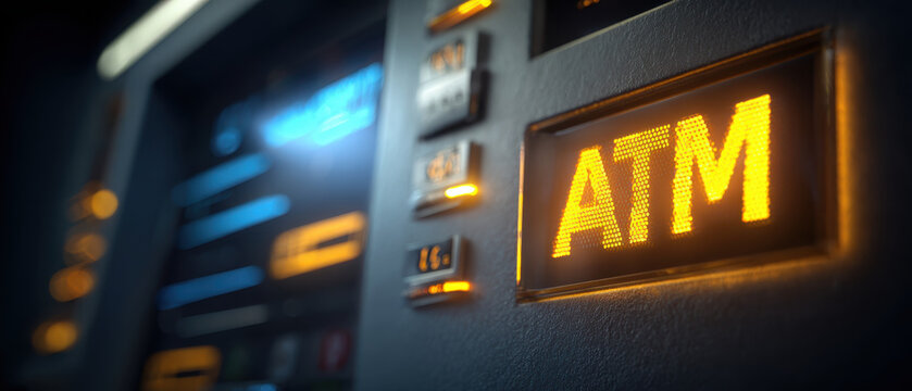 ATM cash machine bank terminal keypad card slot screen illuminated night finance withdrawal Neon ATM sign glows night bank terminal, keypad and card slot focus, modern finance scene feels secure