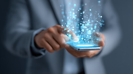 Futuristic smartphone mobile technology digital payment fintech hologram data network innovation business hand