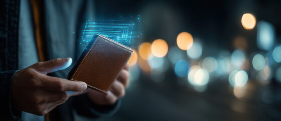 Digital wallet fintech mobile payment contactless cybersecurity blockchain smart wallet night city neon bokeh data flow — Secure digital wallet concept hand with glowing data flow, contactless