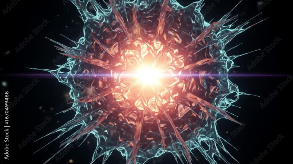 Poster abstract microscopic cell structure with glowing core and tentacles, scientific biology or virus par