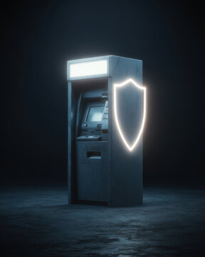 Futuristic atm cyber security glowing shield secure banking digital finance neon light dark background marble texture night scene fintech concept. Futuristic atm with glowing shield suggests
