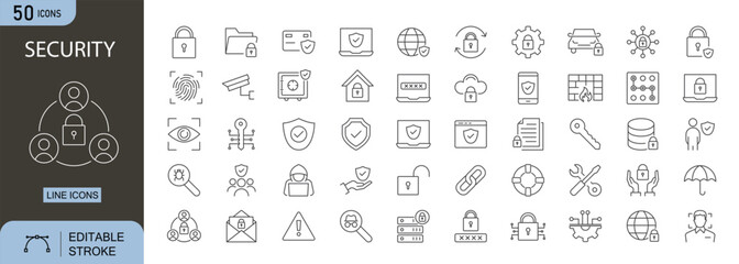 Security icons set. Includes icons for lock, password, shield, antivirus, key, safe, fingerprint, camera, and firewall. Editable stroke. Line icons. Perfect for infographics.