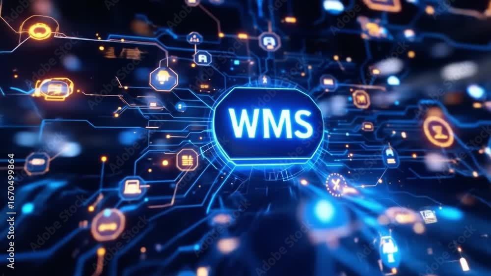 Poster futuristic animated visualization of warehouse management system network digital circuitry
