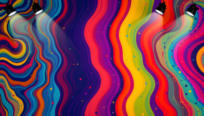 Obraz premium Retro groovy colorful wavy pattern background, subject right, copy space left, under floodlights.