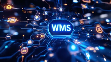 Futuristic animated visualization of warehouse management system network digital circuitry - Powered by Adobe