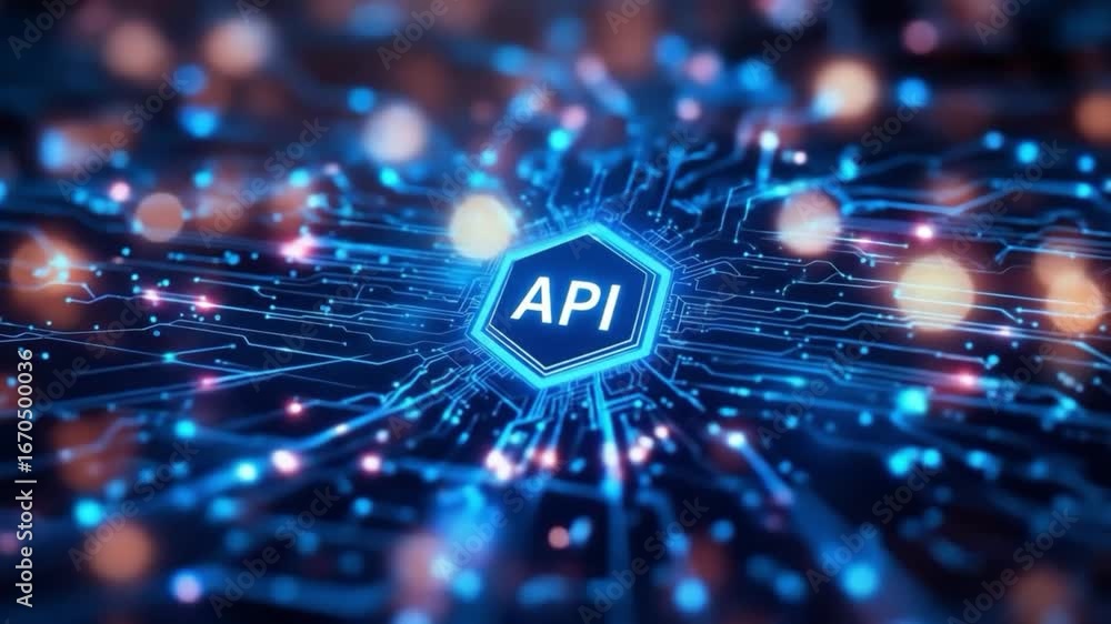 Poster futuristic api technology interface with glowing circuit board and bokeh effects