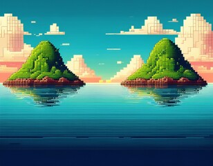 pixelated landscape with two islands in ocean