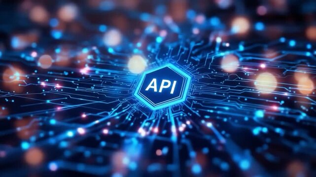 Futuristic api technology interface with glowing circuit board and bokeh effects