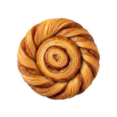 Fototapeta premium Golden-brown German Franzbrötchen, crispy, flaky, swirled with caramelized sugar & cinnamon, top-down on seamless transparent background, studio lit, product food photography concept