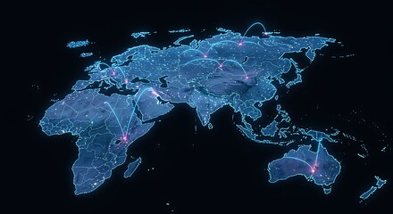 Global connectivity with neon lights world map illustrating network interactions and data