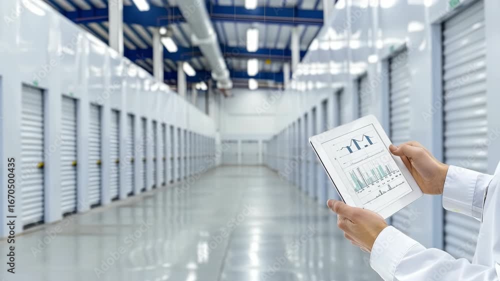 Poster a person examines performance metrics on a tablet while standing in a spacious storage facility fill