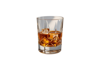 glass of whiskey, amber color and ice cubes, positioned on a white void, establishing a classic and simplistic design.