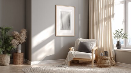 Minimalist corner with art, armchair, plants, window, drapes, and sunlight