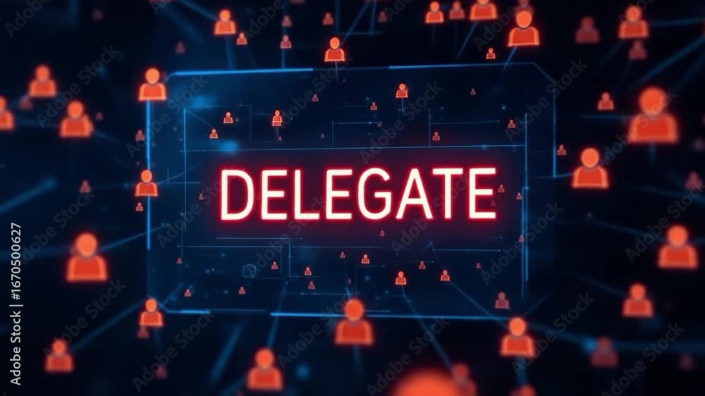 Aufkleber glowing delegate text with connected people icons representing delegation or network concepts