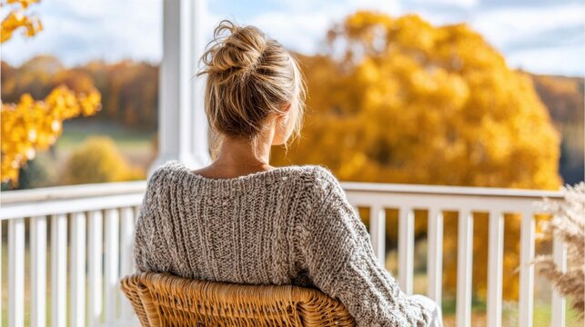 Rear view of a woman in a sweater on a porch, enjoying a vibrant autumn landscape with golden trees. - Powered by Adobe