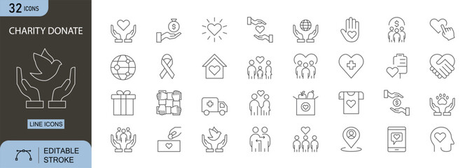 Charity and Donation icons set. Includes hand, heart, giving, fund, box, care, support, volunteer, help, and social aid. Editable stroke icons. Ideal for NGOs, campaigns, and fundraising designs.