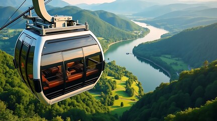 Scenic Cable Car Ride Over Lush Green Mountains and Winding River