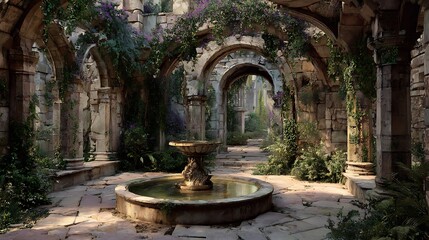 Fototapeta premium Ancient Courtyard Oasis: A serene architectural masterpiece of weathered stone, arches, and cascading vegetation, centered around a tranquil fountain, offers a moment of calm.