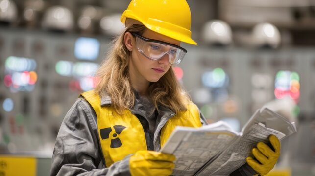 Female nuclear engineer in safety gear reviewing schematics