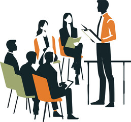 Business Meeting Presentation Orange Chairs Dark Figures