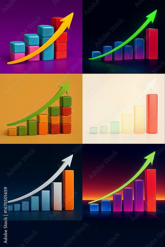 Poster composite image showing multiple colorful bar graphs with upward trending arrows indicating financia