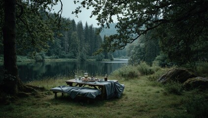 Lakeside picnic table under a canopy of trees