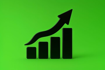 Black upward trending arrow graph on a bright green background symbolizing growth and success